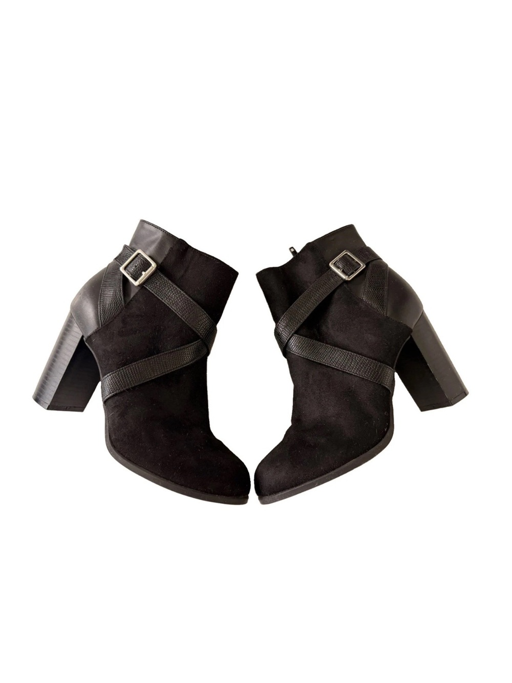 Christian Siriano Black Suede & Leather Ankle Bootie Snake-Textured Buckle 8